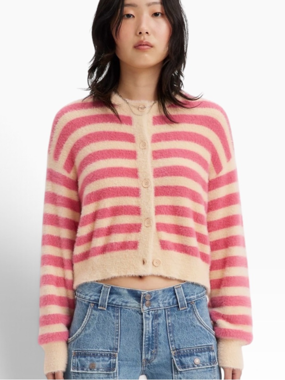 Levi's Striped Cropped Cardigan in Pink and Tan - XL